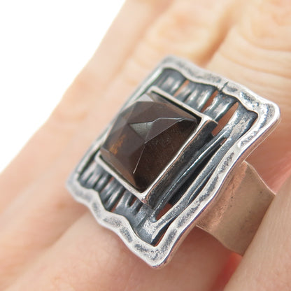 TAMIR ZUMAN 925 Sterling Silver Vintage Real Smoky Quartz Oxidized Ring Size 9.5