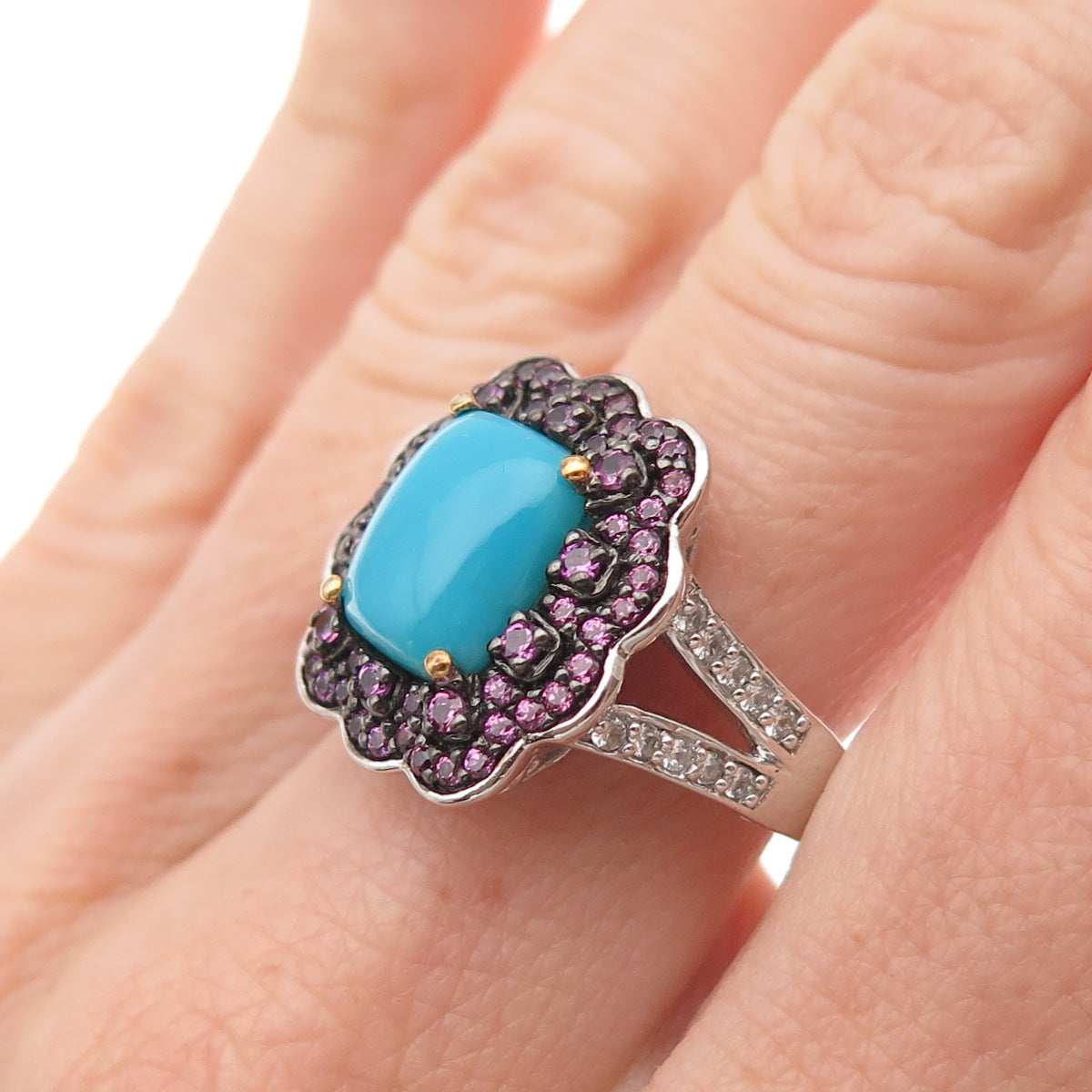 925 Sterling Silver Real Turquoise Amethyst & White Topaz Ring Size 8.25