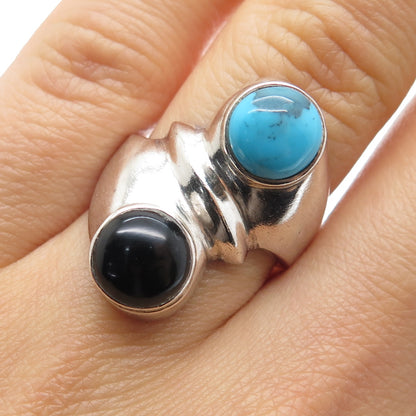 925 Sterling Silver Vintage Mexico Real Turquoise & Black Onyx Ring Size 7.5