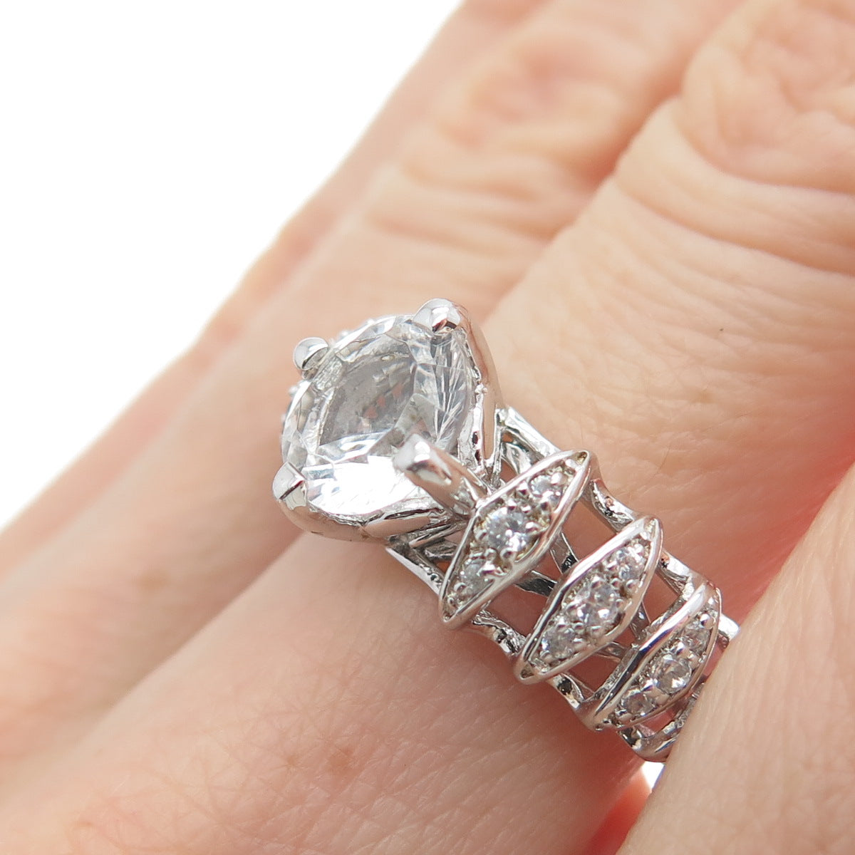 CHUCK CLEMENCY 925 Sterling Silver Real Round-Cut White Topaz C Z Ring Size 7.5