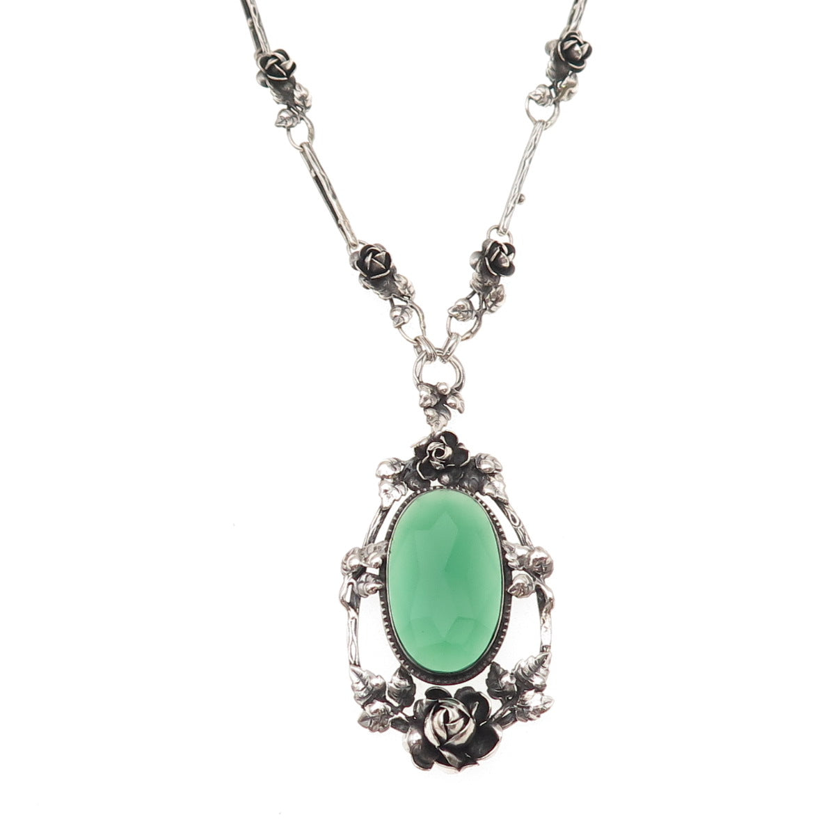925 Sterling Antique Germany Real Green Onyx Rose Flower Chain Necklace 24"