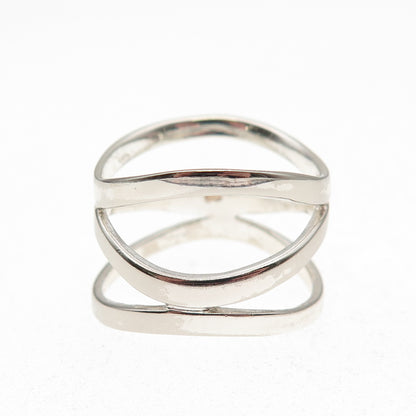 925 Sterling Silver Vintage Modernist Wavy 3-Row Ring Size 9.25