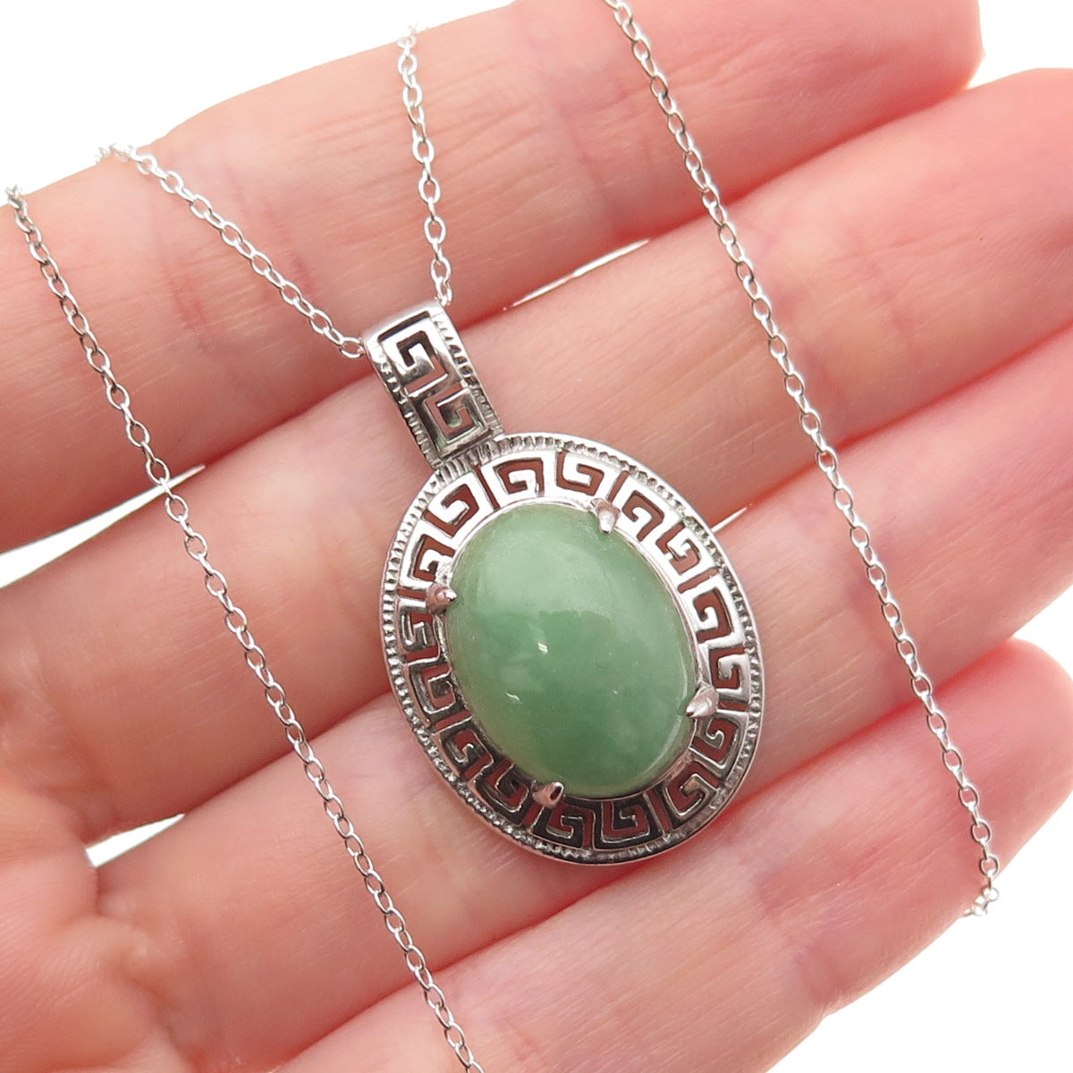 925 Sterling Silver Real Cabochon Jade Greek Key Cable Chain Necklace 18"