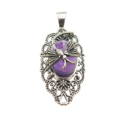 925 Sterling Silver Vintage Real Amethyst Dragonfly Oxidized Pendant