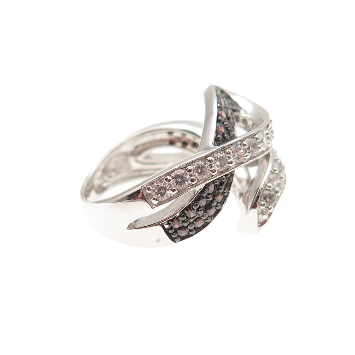 KEY STAR 925 Sterling Silver Round-Cut Black & White C Z Bypass Ring Size 5