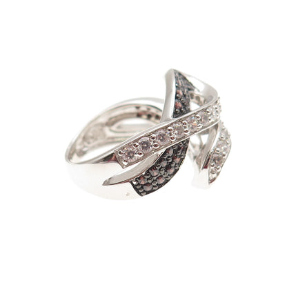 KEY STAR 925 Sterling Silver Round-Cut Black & White C Z Bypass Ring Size 5