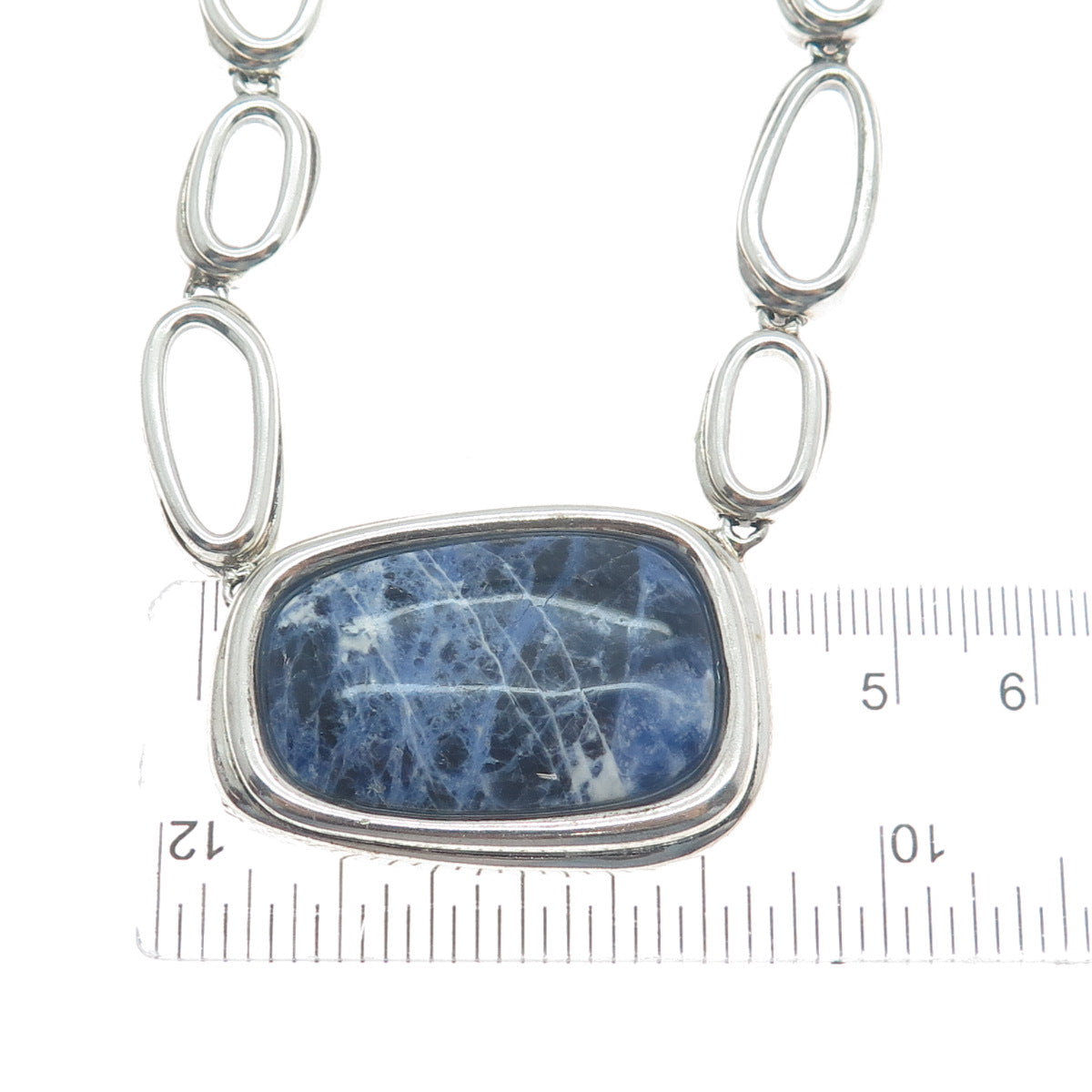 925 Sterling Silver Vintage Real Sodalite Modernist Chain Necklace 16-18"
