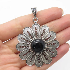 925 Sterling Silver Vintage DBS Turkey Real Black Onyx Filigree Floral Pendant