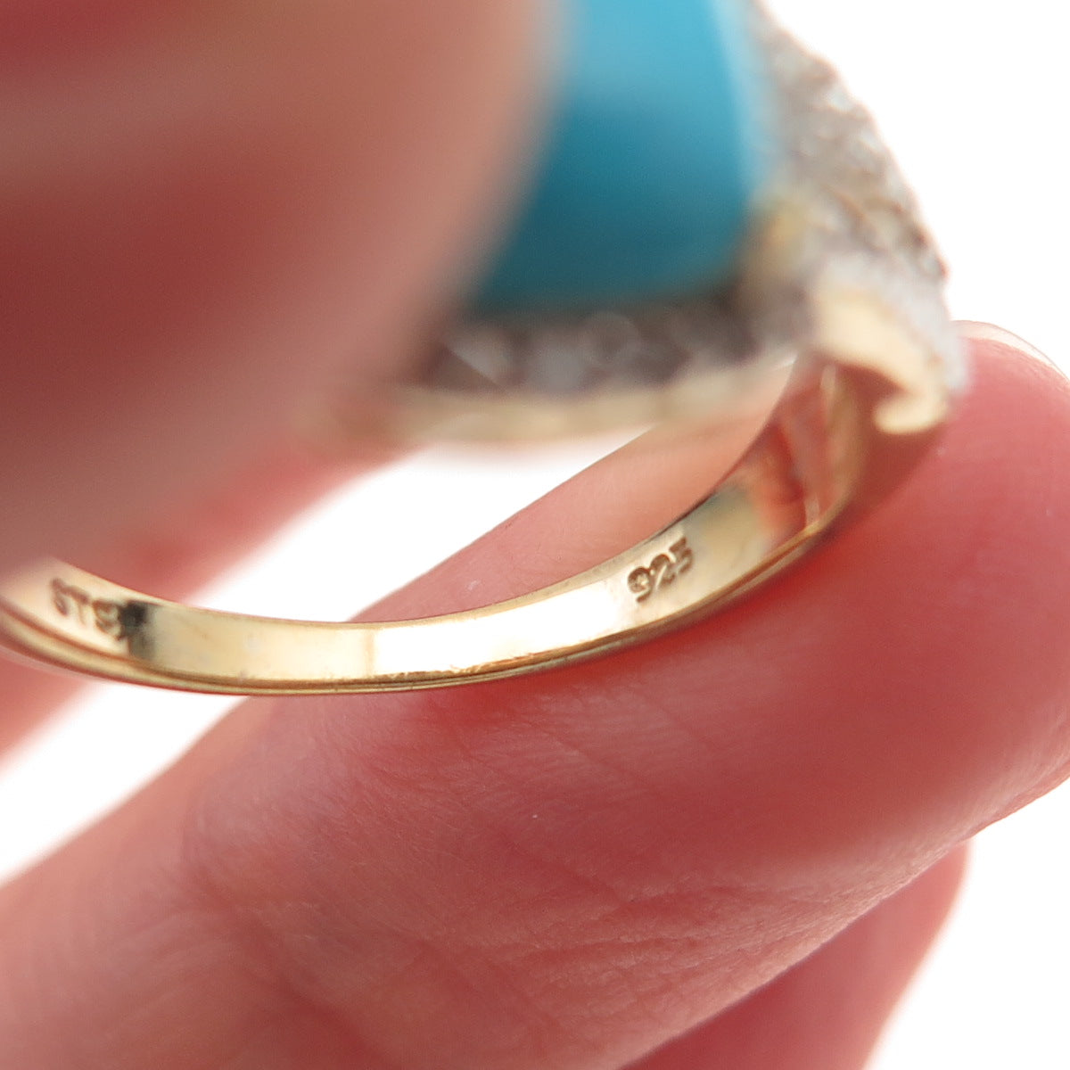 Chuck Clemency 925 Sterling Gold Plated Real Turquoise & White Topaz Ring Size 8
