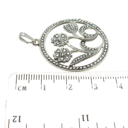 HAMILTON 925 Sterling Silver Antique Art Deco Marcasite Gem Flowers Pendant