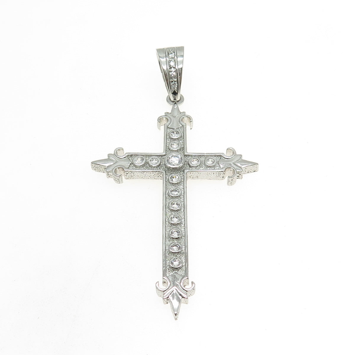 925 Sterling Silver Round-Cut Shaped C Z Fleur-de-Lis Cross Pendant