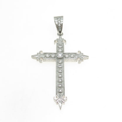 925 Sterling Silver Round-Cut Shaped C Z Fleur-de-Lis Cross Pendant