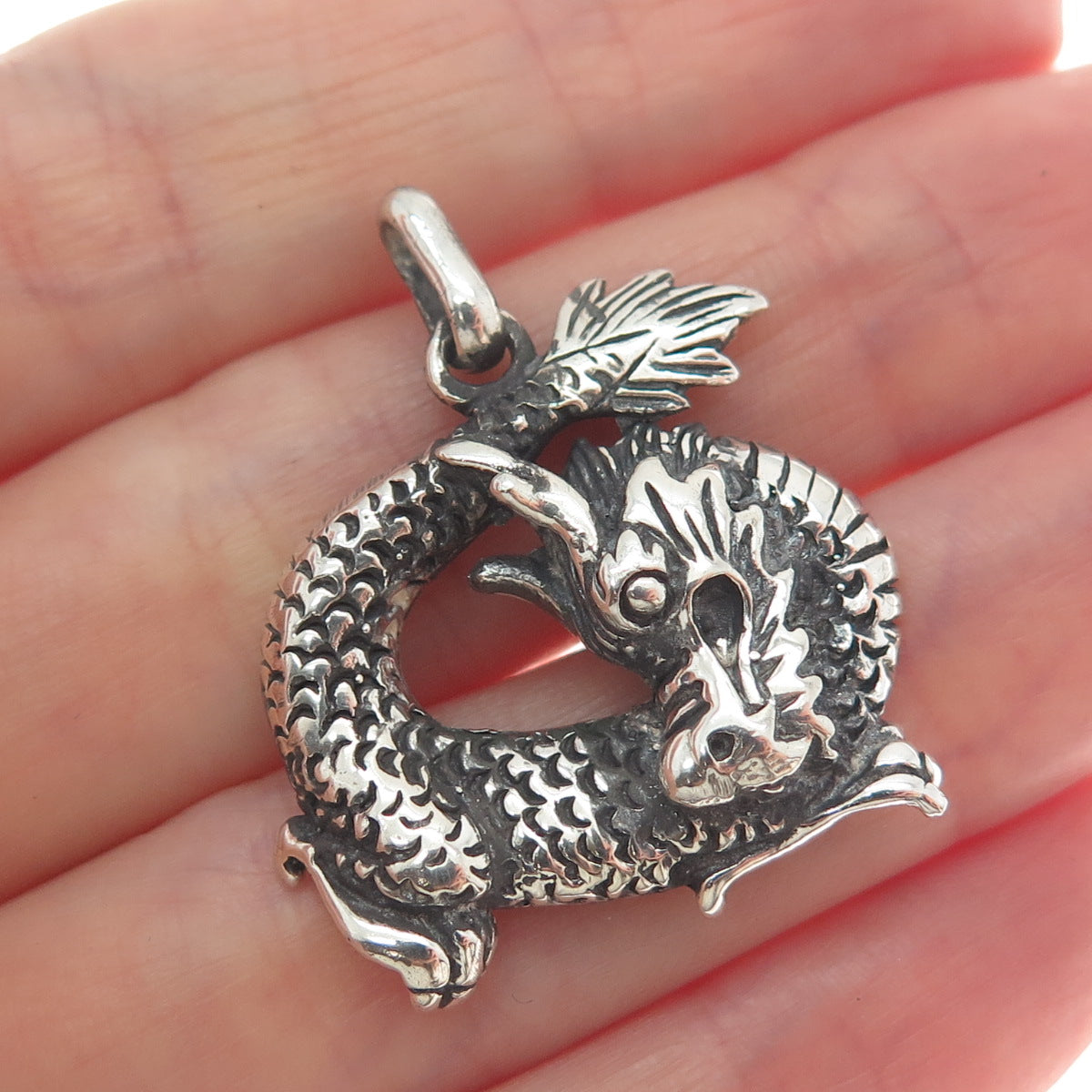 925 Sterling Silver Vintage Dragon Oxidized Pendant
