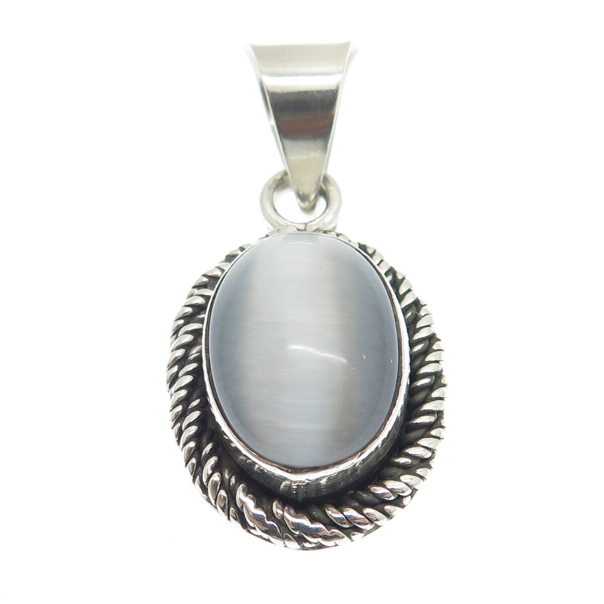 925 Sterling Silver Vintage Mexico Fiber Optic Cat's Eye Twisted Oval Pendant