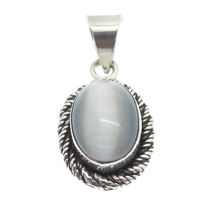 925 Sterling Silver Vintage Mexico Fiber Optic Cat's Eye Twisted Oval Pendant