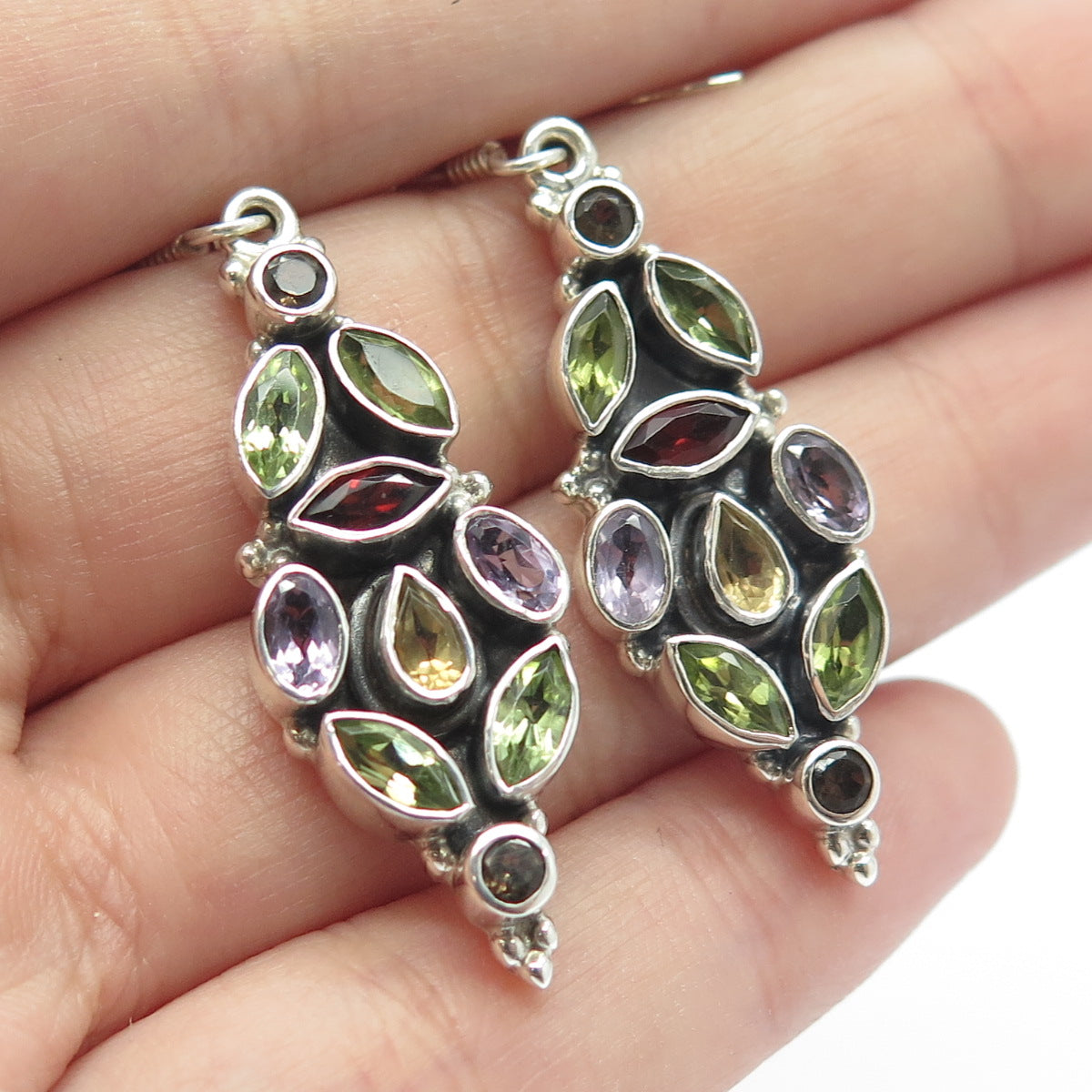 925 Sterling Silver Vintage Real Amethyst Garnet Citrine Peridot Quartz Earrings