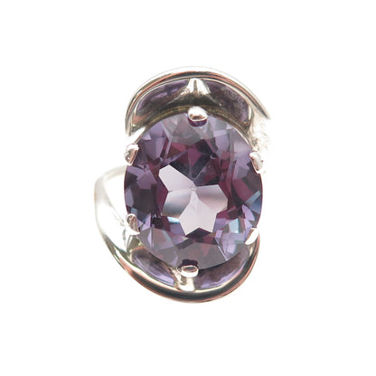 925 Sterling Silver Vintage Lab-Created Peacock Sapphire Modernist Ring Size 5