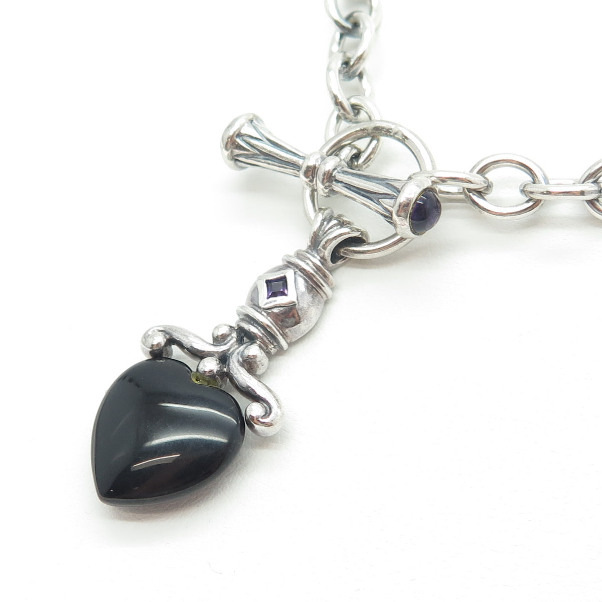 ROSS SIMONS 925 Sterling Silver Vintage Black Onyx & Amethyst Heart Necklace 16"