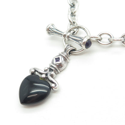 ROSS SIMONS 925 Sterling Silver Vintage Black Onyx & Amethyst Heart Necklace 16"