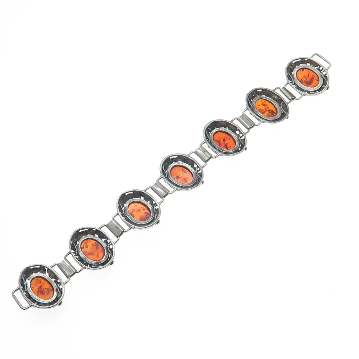 925 Sterling Silver Vintage Amber Floral Oxidized Bracelet 6.5" (missing lock)