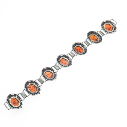 925 Sterling Silver Vintage Amber Floral Oxidized Bracelet 6.5" (missing lock)