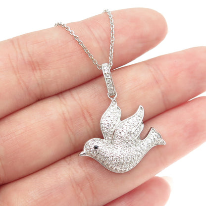 925 Sterling Silver Pave C Z Pigeon Bird Pendant Rolo Chain Necklace 18"