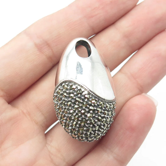 925 Sterling Silver Vintage Real Marcasite Gem Modernist Drop Pendant