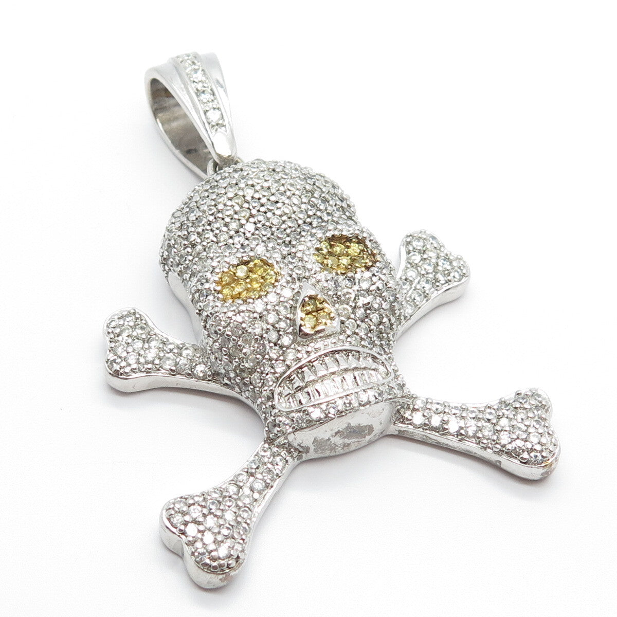 925 Sterling Silver White & Yellow C Z Skull & Bones Pendant