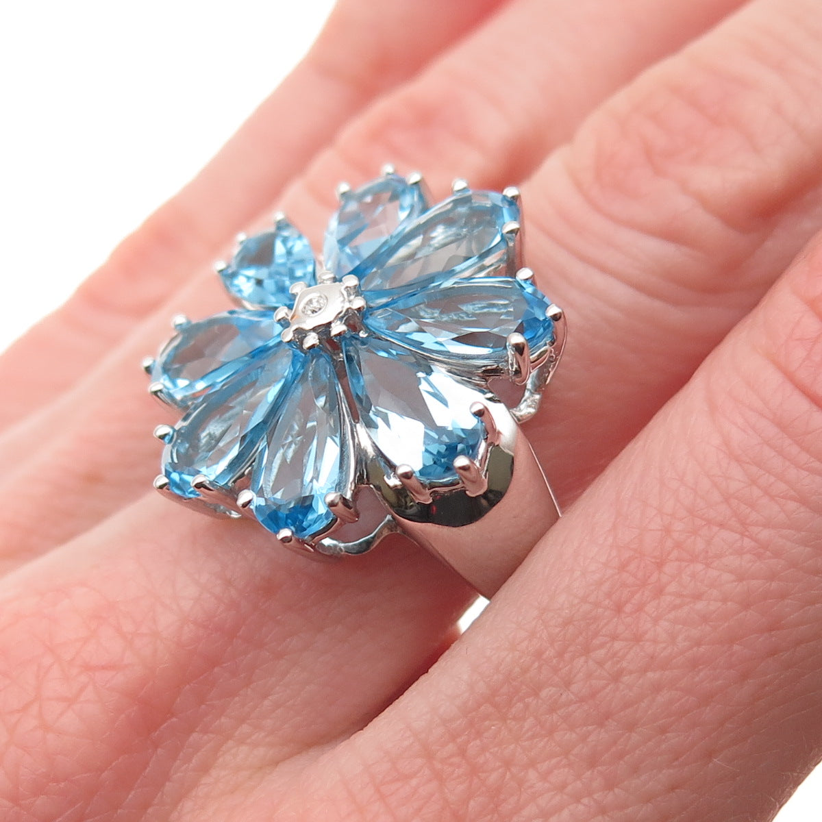 925 Sterling Silver Real Diamond & Blue Topaz Floral Ring Size 7.25