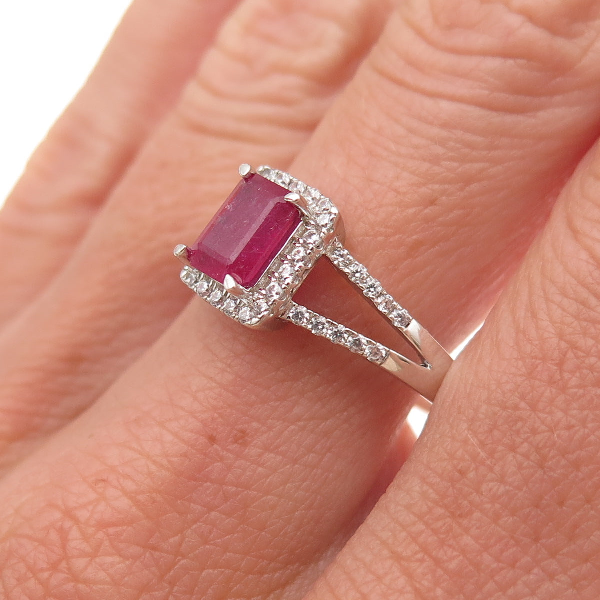 925 Sterling Silver Real Emerald-Cut Ruby & Round-Cut C Z Ring Size 9.25