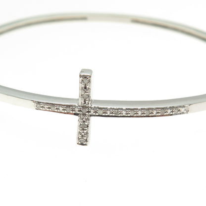 925 Sterling Silver Real Round-Cut Diamond Cross Bangle Bracelet 7"