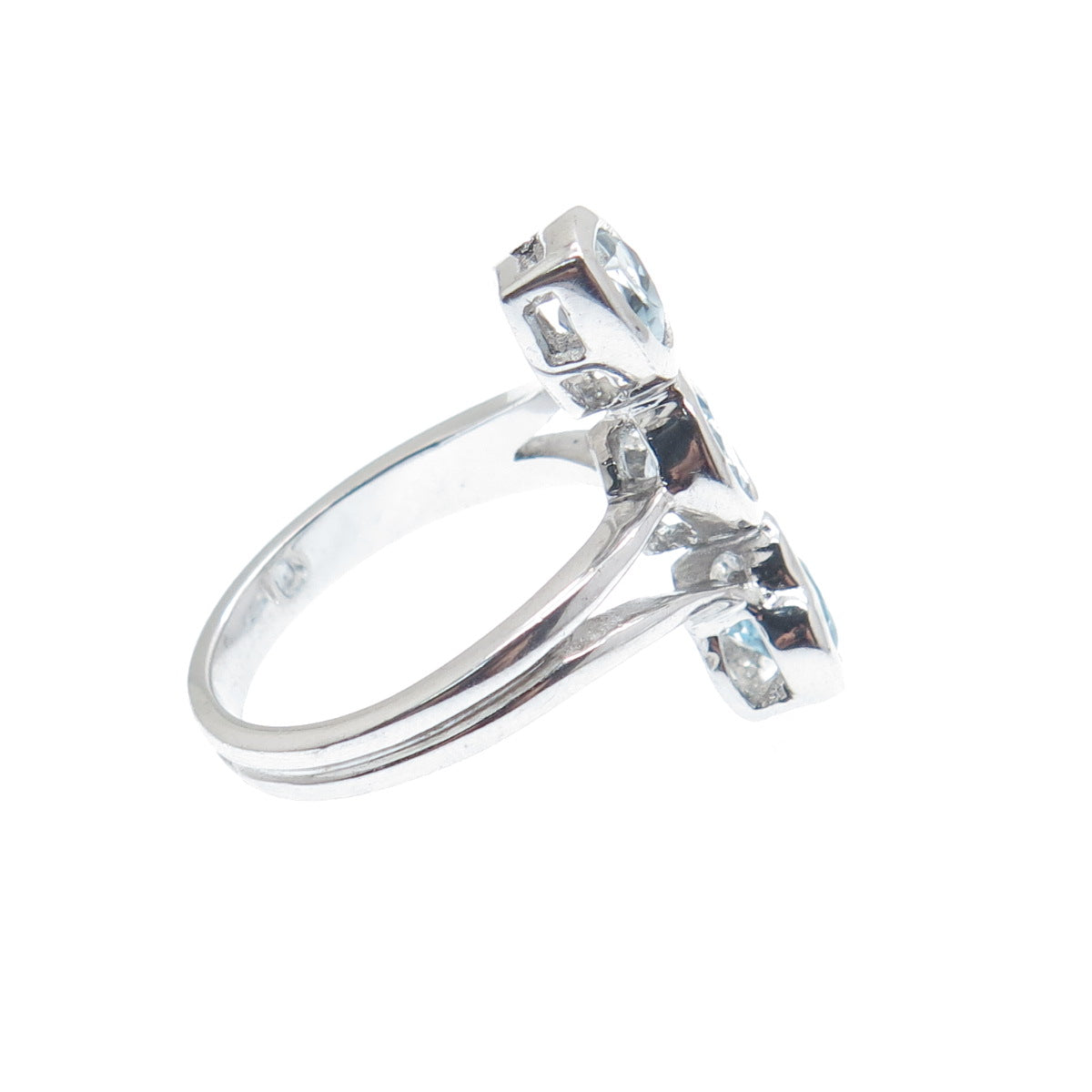 925 Sterling Silver Real Round & Heart-Cut Blue Topaz Bypass Ring Size 6