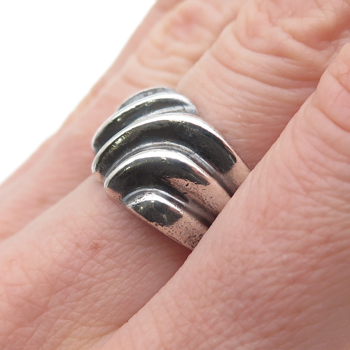 CHAPAL ZENRAY Sterling Silver Vintage Modernist Ribbed Oxidized Ring Size 7.25