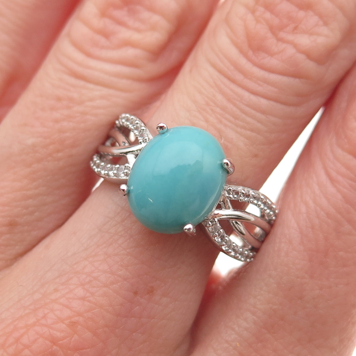 925 Sterling Silver Real Sleeping Beauty Turquoise & White Topaz Ring Size 8.25