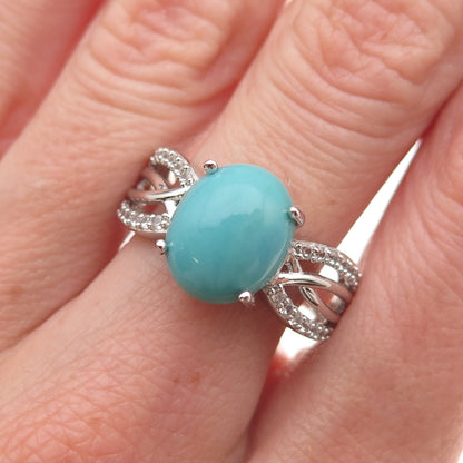 925 Sterling Silver Real Sleeping Beauty Turquoise & White Topaz Ring Size 8.25