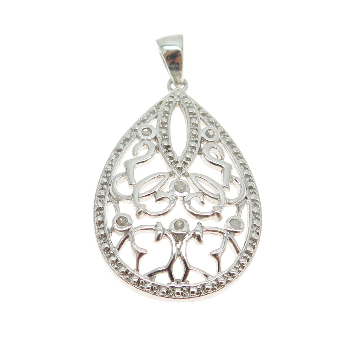 925 Sterling Silver Real Round-Cut Diamond Ornate Teardrop Pendant