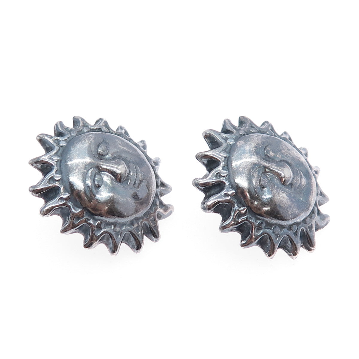 925 Sterling Silver Vintage Mexico Sun Face God Oxidized Earrings