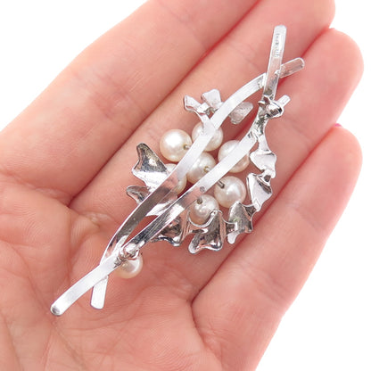 925 Sterling Silver Antique Art Deco Real Pearl Floral Pin Brooch (missing pin)