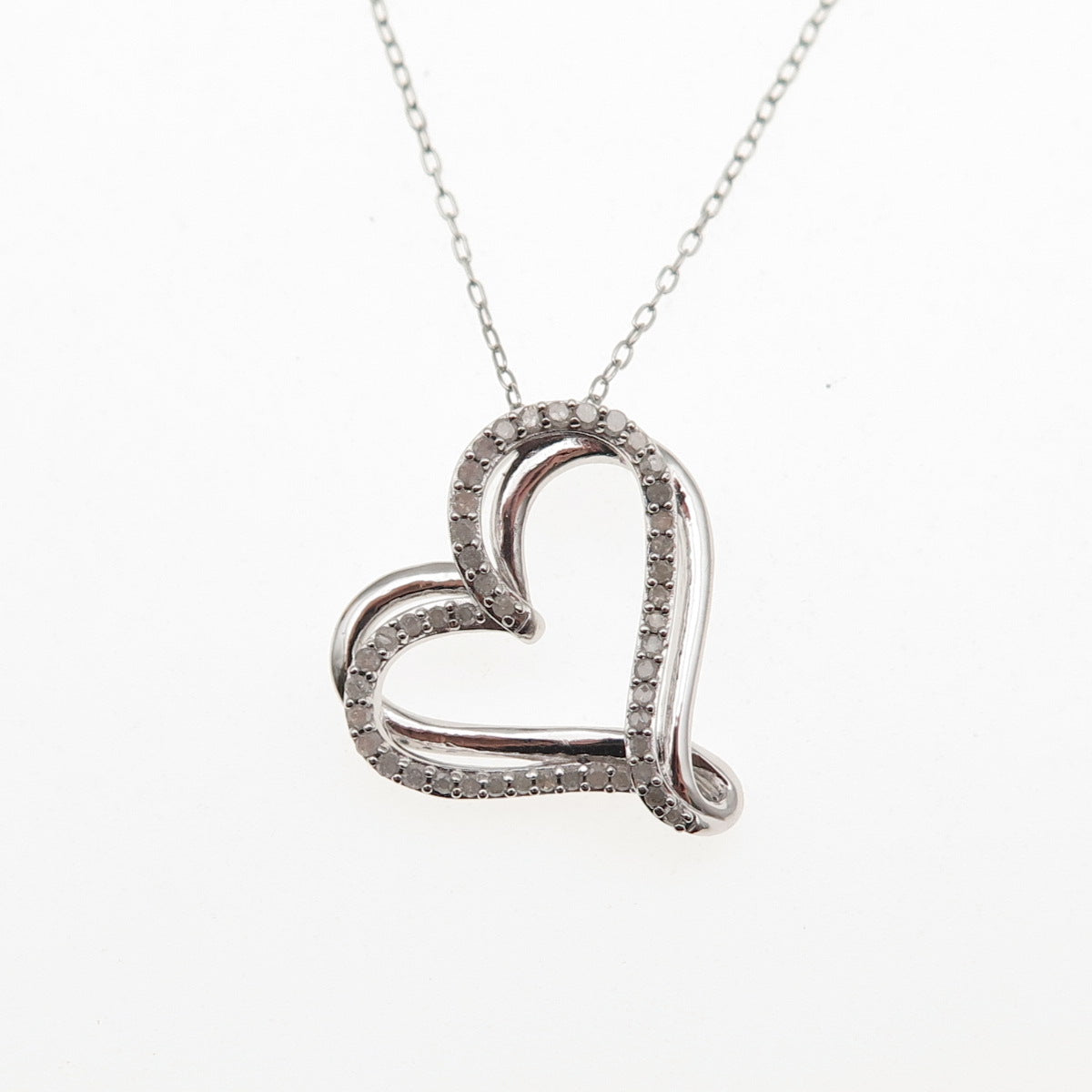 925 Sterling Silver Real Round-Cut Diamond Heart Cable Chain Necklace 20"