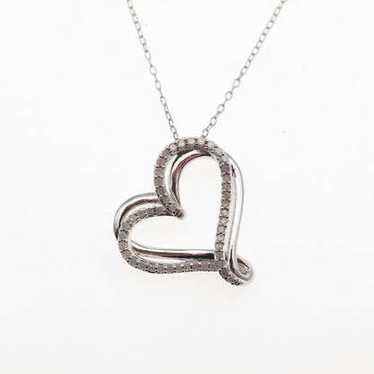 925 Sterling Silver Real Round-Cut Diamond Heart Cable Chain Necklace 20"
