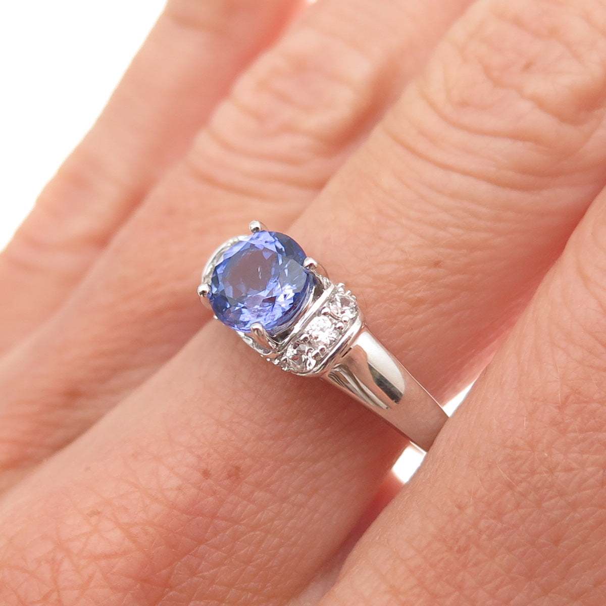 925 Sterling Silver Real Round-Cut Tanzanite & White Topaz Ring Size 8