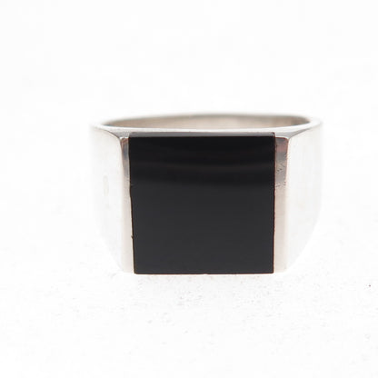925 Sterling Silver Vintage Real Black Onyx Modernist Ring Size 8.75