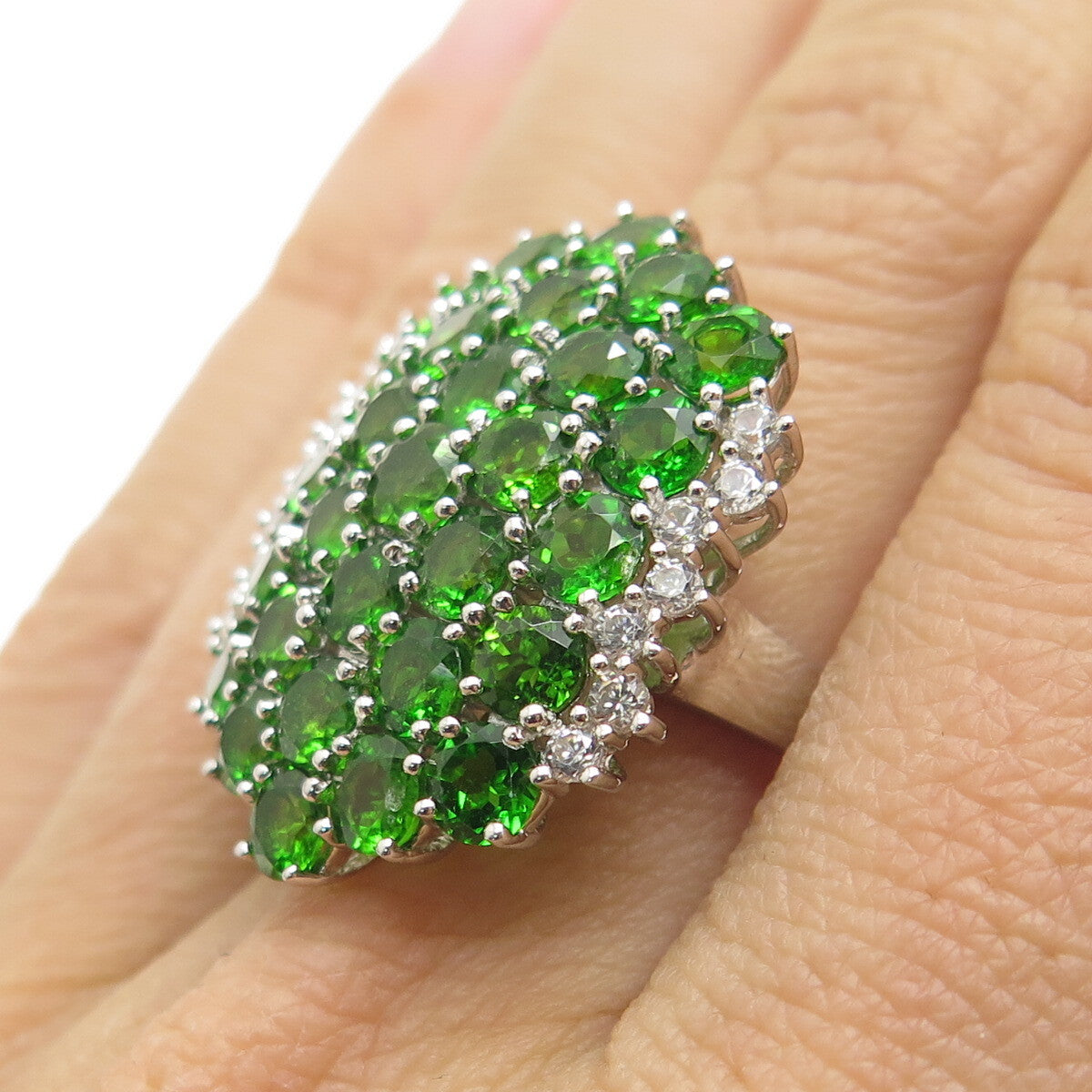 925 Sterling Silver Real Round-Cut Peridot & White Topaz Cluster Ring Size 8
