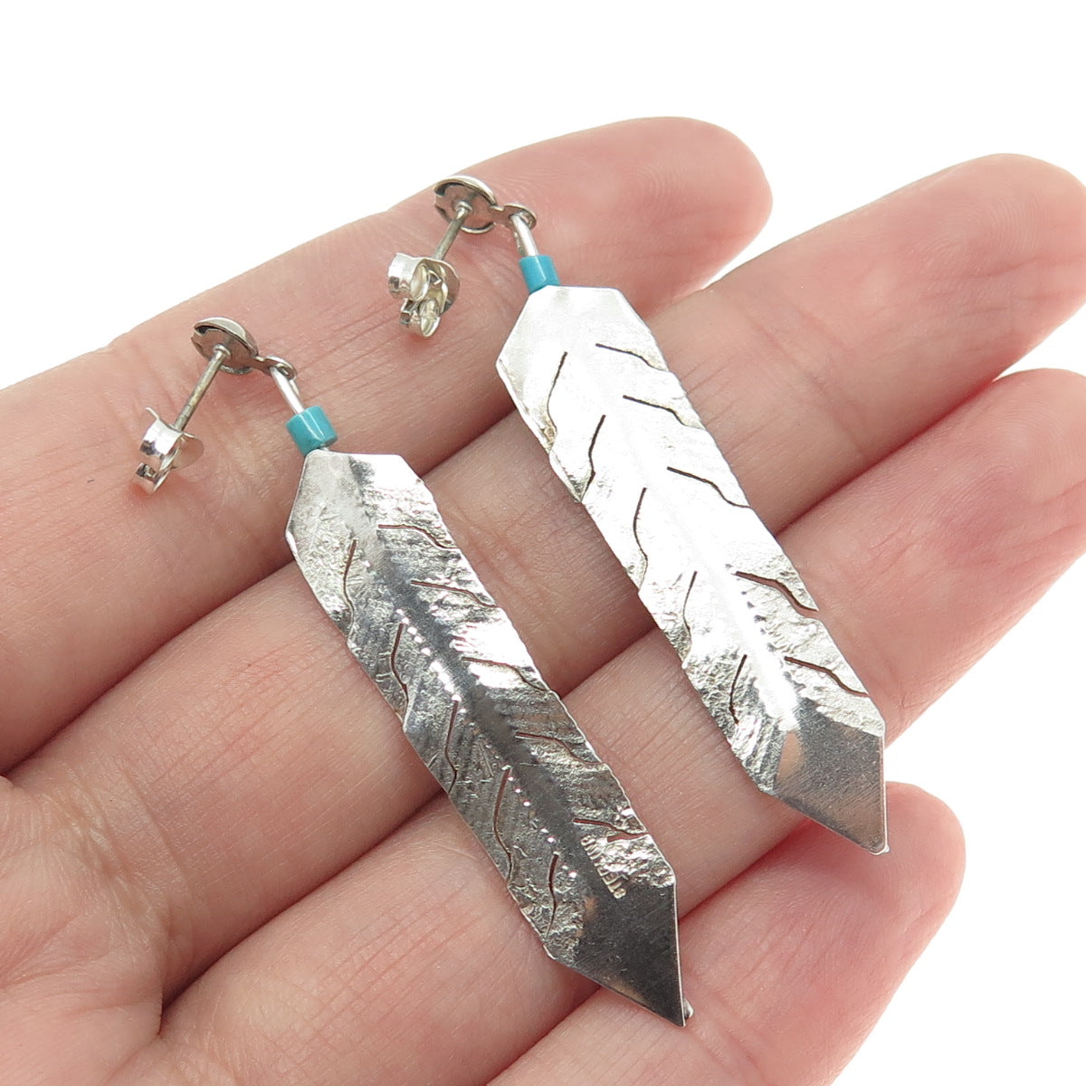 Old Pawn Sterling Silver Vintage Southwestern Bisbee Turquoise Feather Earrings