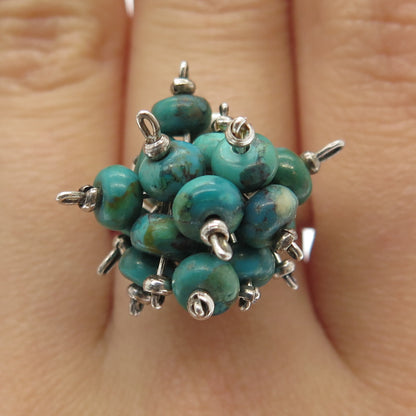 925 Sterling Silver Vintage Real Kingman Turquoise Modernist Beads Ring Size 6.5