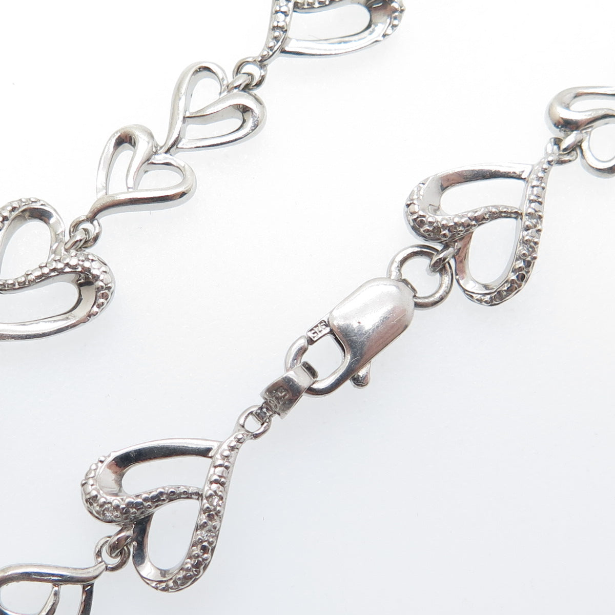 925 Sterling Silver Real Round-Cut Diamond Heart Link Bracelet 6.5"