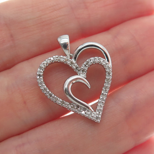SUN 925 Sterling Silver Real Round-Cut Diamond Double Heart Minimalist Pendant