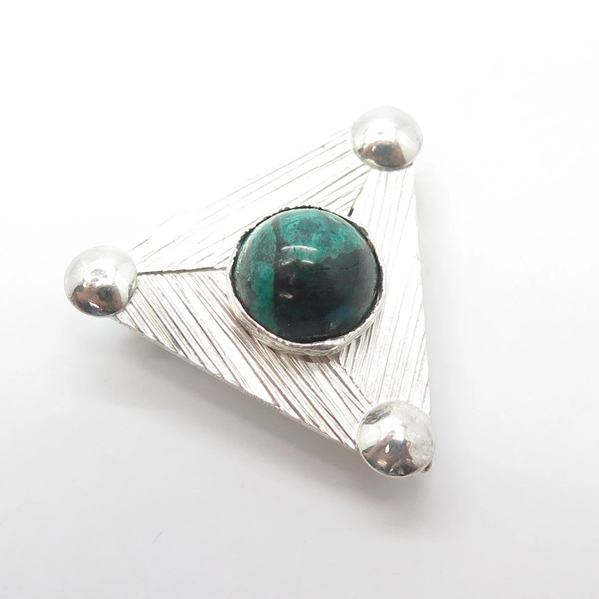 925 Sterling Silver Vintage Real Cabochon Chrysocolla Gem Triangle Pin Brooch