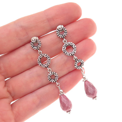 925 Sterling Silver Vintage Real Rhodonite Circle Link Oxidized Dangle Earrings