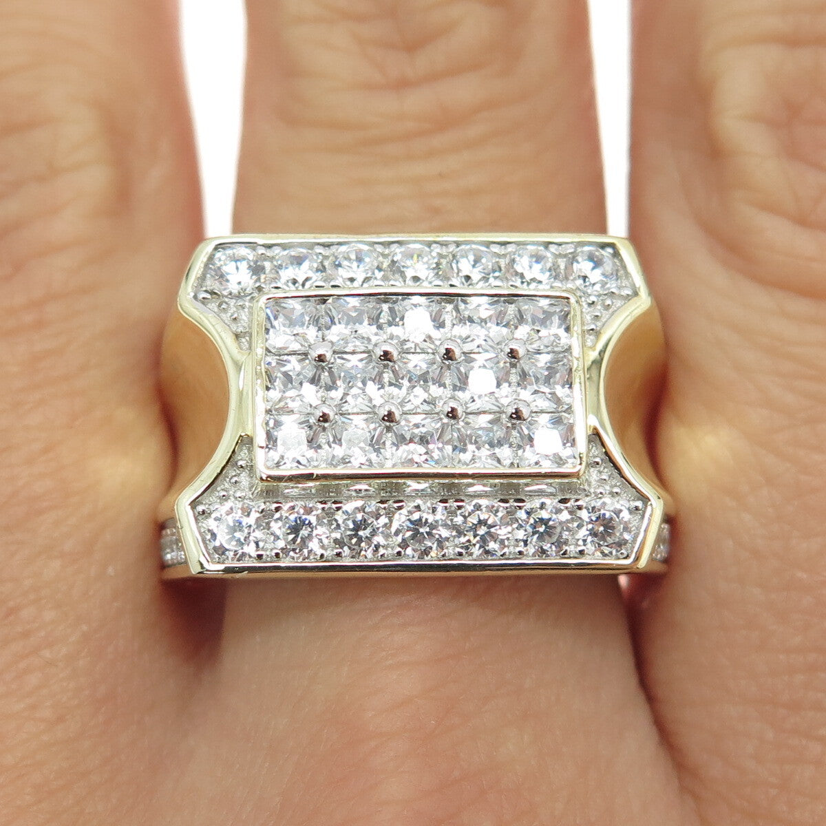925 Sterling Silver Gold Plated Princess & Round-Cut Shaped C Z Ring Size 10